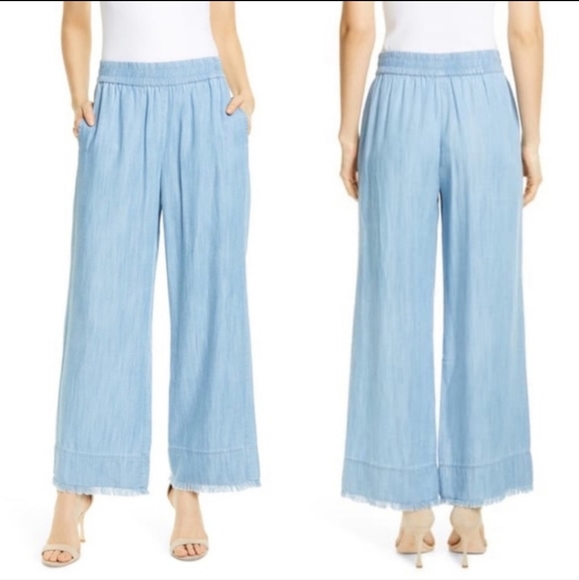 ALICE + OLIVIA BENNY FRAYED ANKLE WIDE LEG CHAMBRAY PANTS - Picture 2 of 12